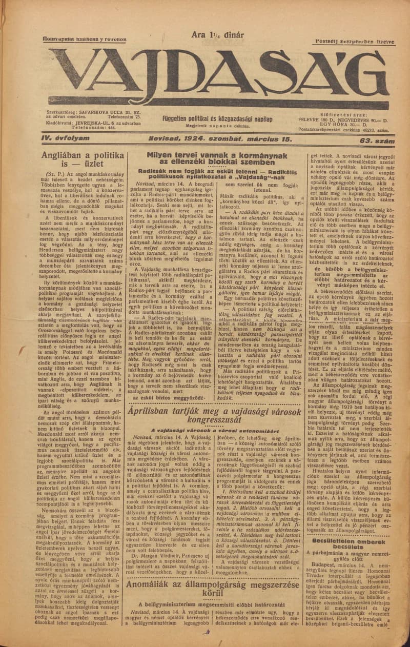 Vajdaság, 4. évf. 1924. március 15. 63. sz.