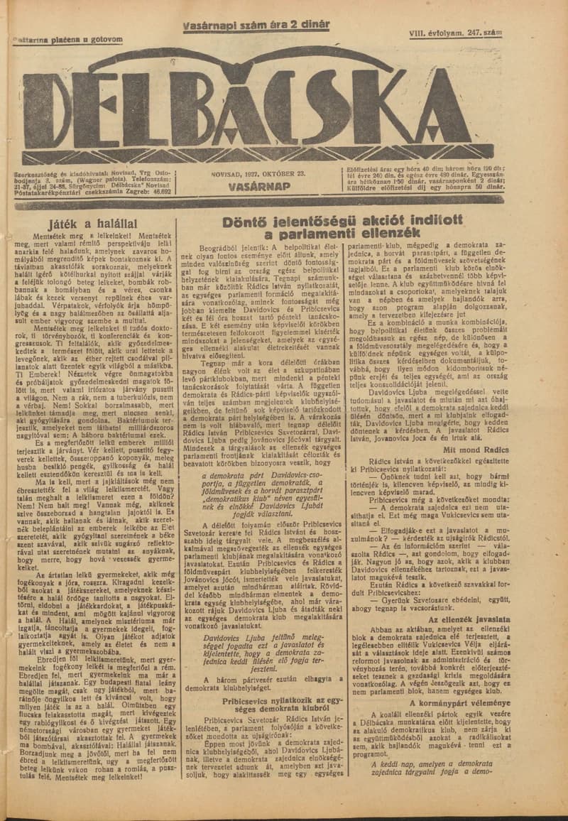 Délbácska, 8. évf. 1927. október 23. 247. sz.