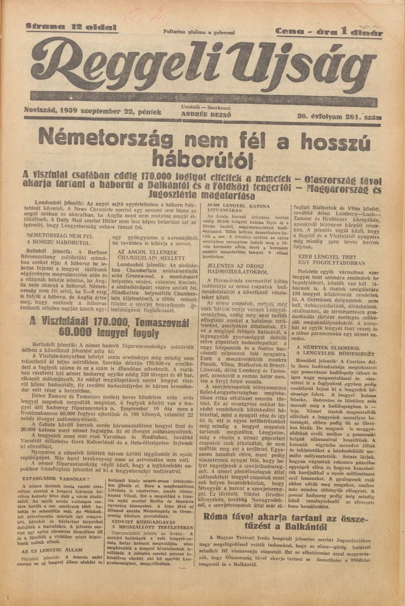 Reggeli Újság, 20. évf. 1939. szeptember 22. 261. sz.