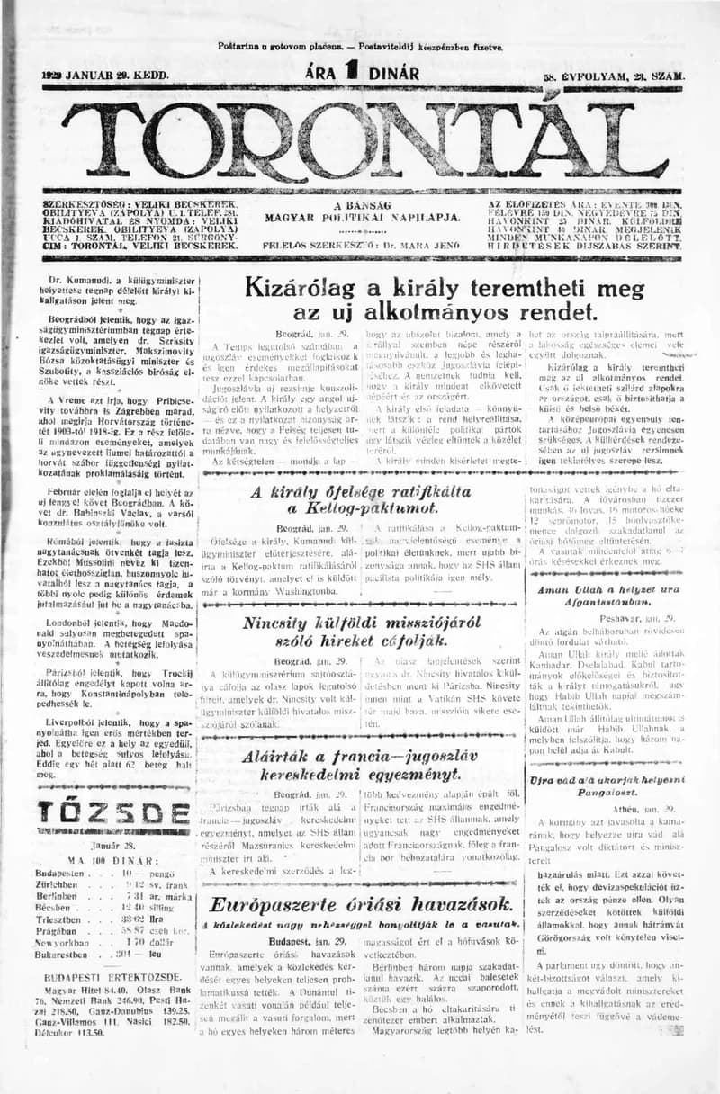 Torontál, 58. évf. 1929. január 29. 23. sz.