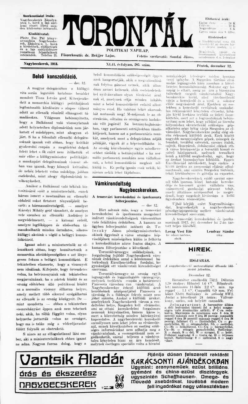 Torontál, 42. évf. 1913. december 12. 285. sz.