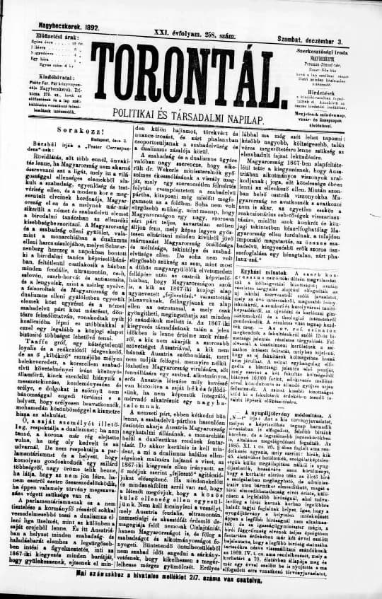 Torontál, 21. évf. 1892. december 3. 258. sz.