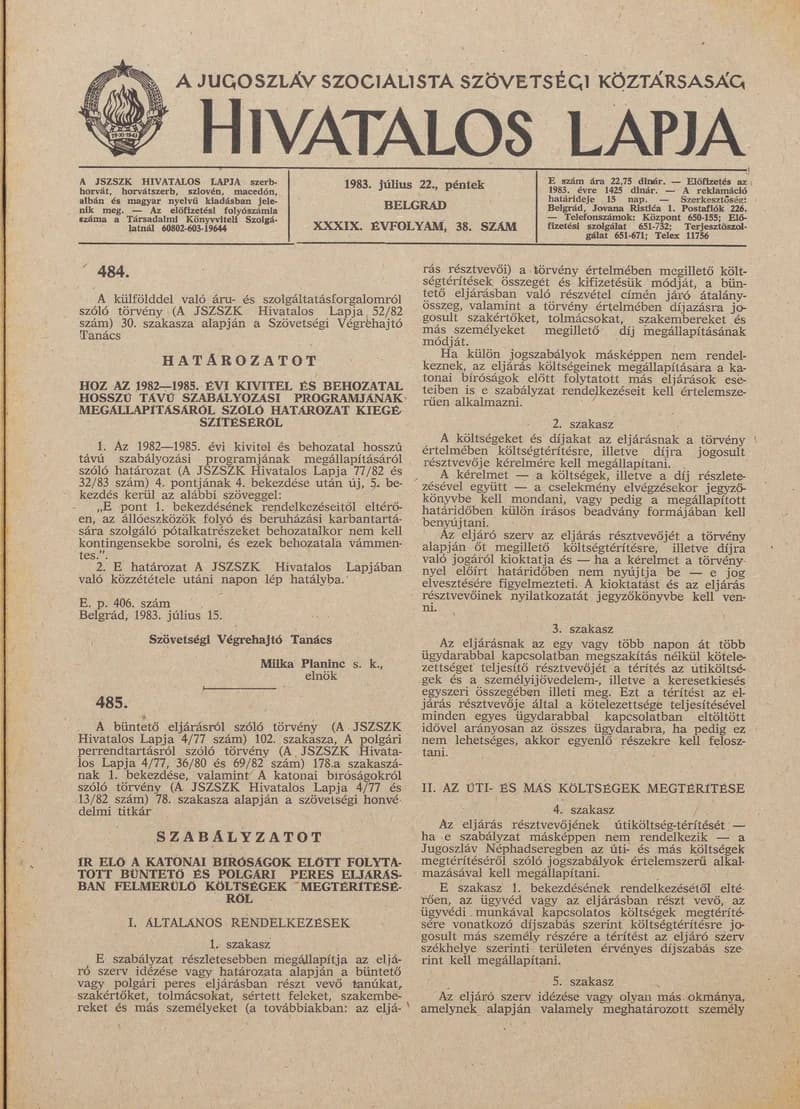 A Jugoszláv Szocialista Szövetségi Köztársaság Hivatalos Lapja, 39. évf. 1983. július 22. 38. sz. 1061–1088. oldal
