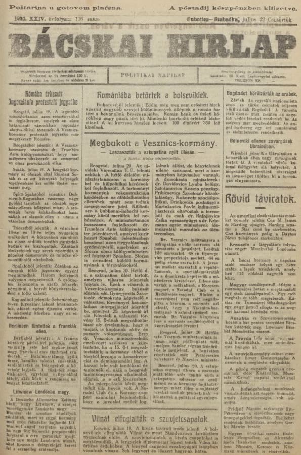 Bácskai Hirlap, 24. évf. 1920. július 22. 116. sz.