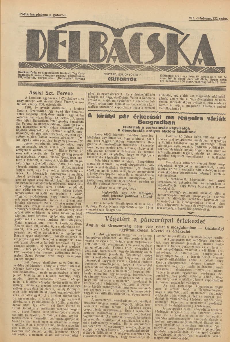 Délbácska, 7. évf. 1926. október 7. 232. sz.