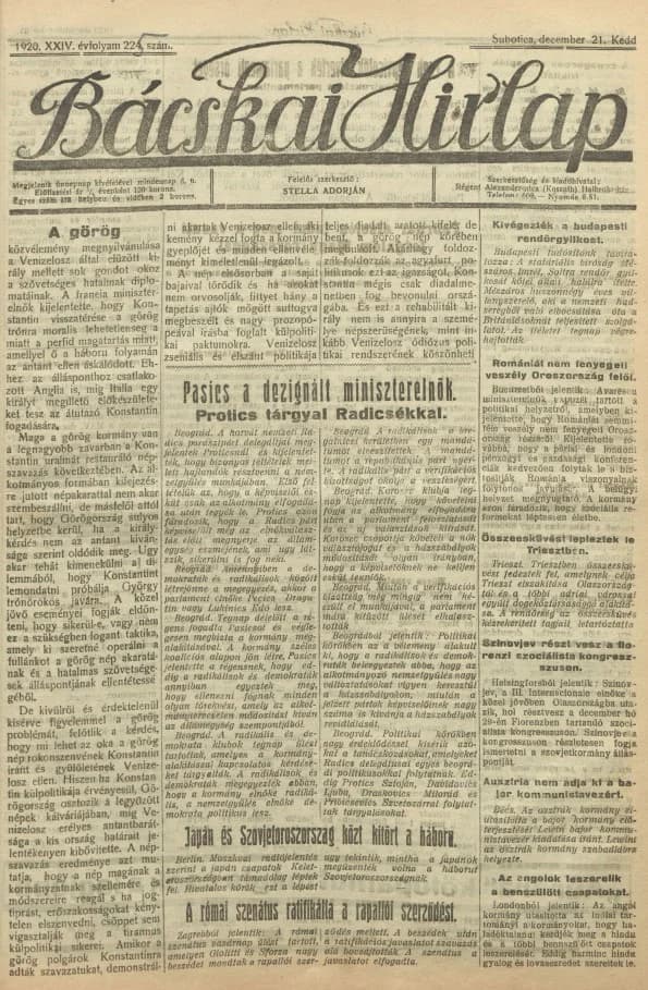 Bácskai Hirlap, 24. évf. 1920. december 21. 225. sz.