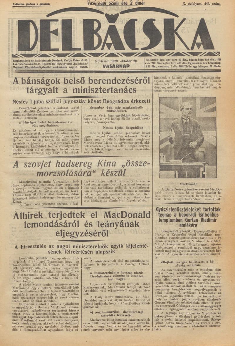 Délbácska, 10. évf. 1929. október 20. 245. sz.
