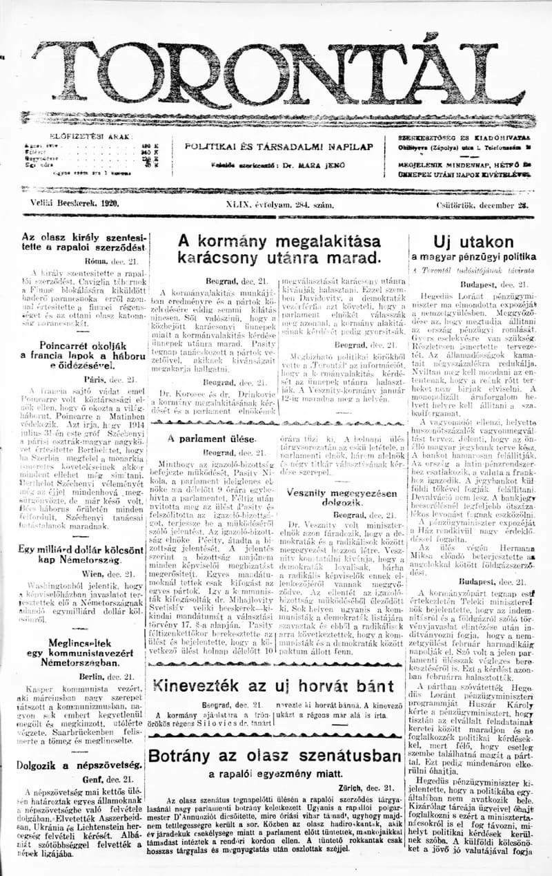 Torontál, 49. évf. 1920. december 23. 284. sz.