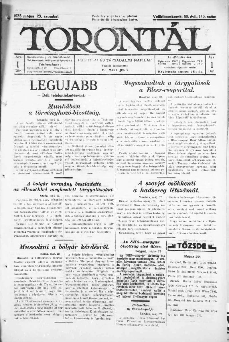 Torontál, 54. évf. 1925. május 23. 115. sz.