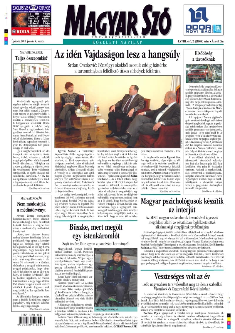 Magyar Szó, 68. évf. 2011. január 5. 2. sz. 1–20. oldal