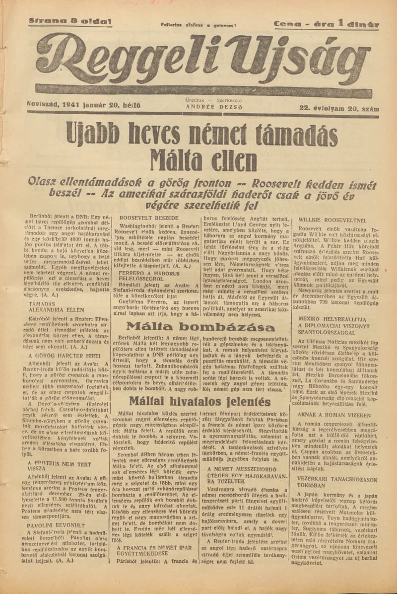 Reggeli Újság, 22. évf. 1941. január 20. 20. sz.