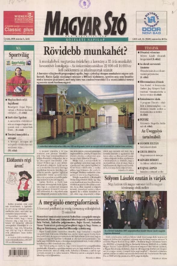 Magyar Szó, 66. évf. 2009. március 9. 55. sz. 1–16. oldal
