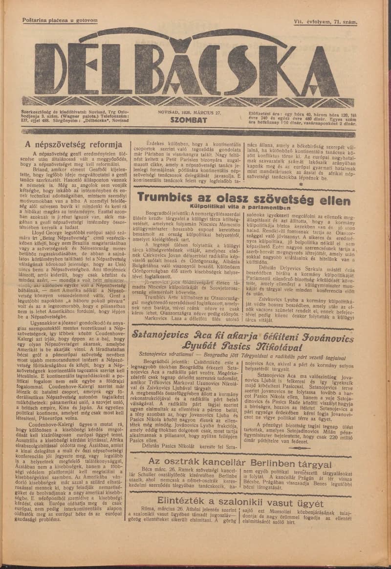 Délbácska, 7. évf. 1926. március 27. 71. sz.