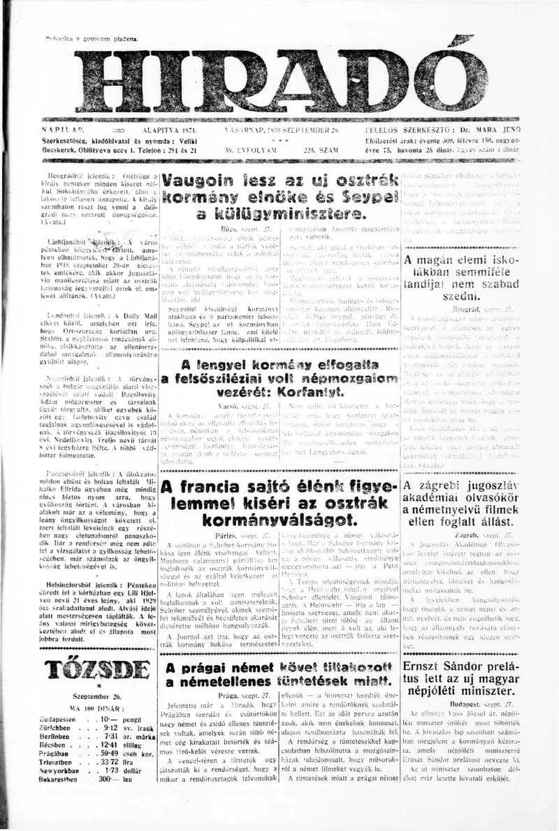 Híradó, 59. évf. 1930. szeptember 28. 225. sz.