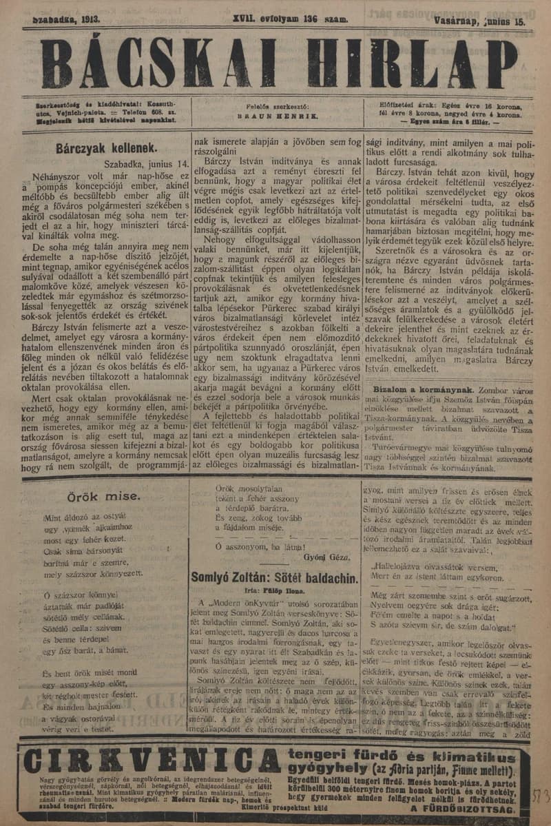 Bácskai Hirlap, 17. évf. 1913. június 15. 136. sz.