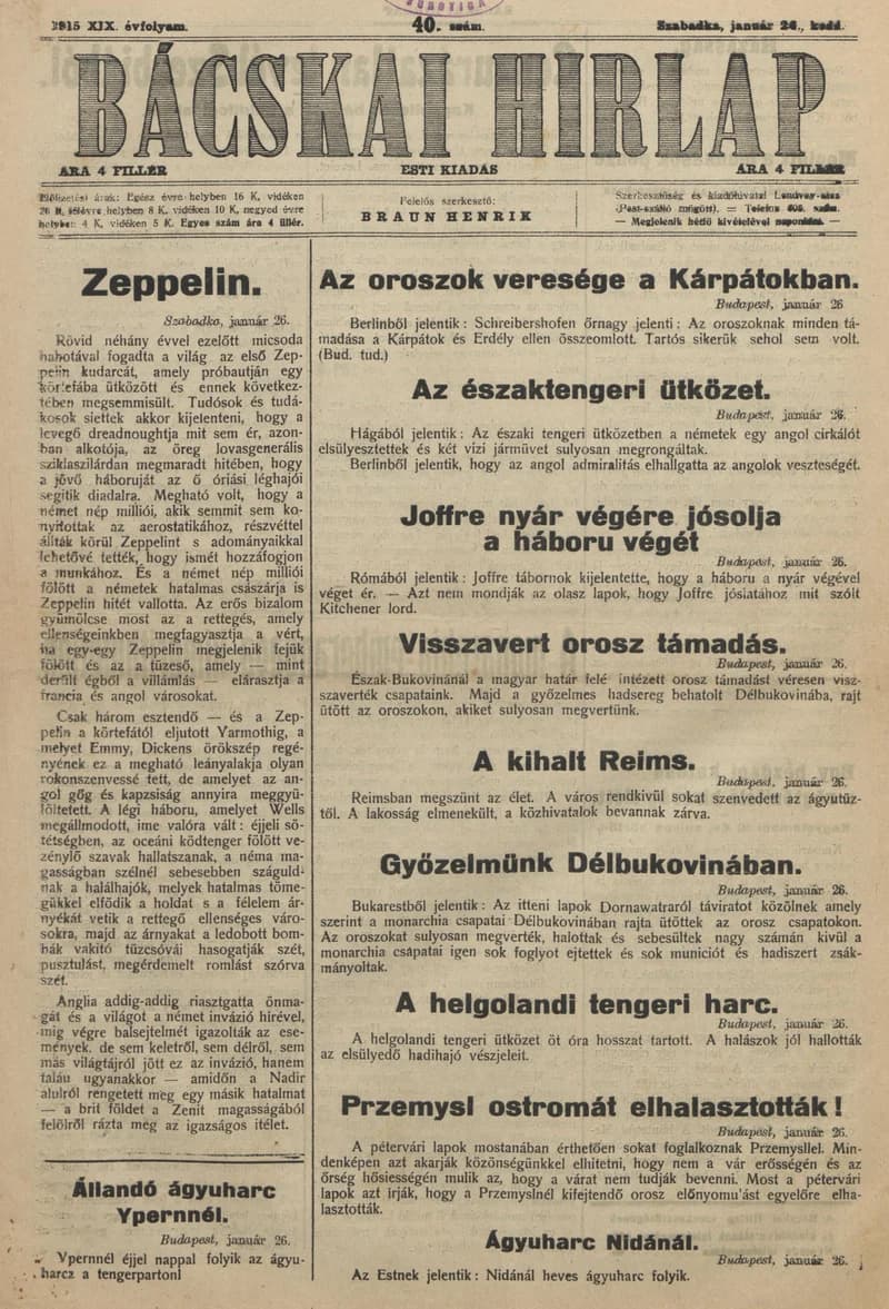 Bácskai Hirlap, 19. évf. 1915. január 26. 40. sz.