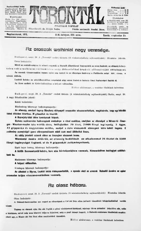 Torontál, 44. évf. 1915. szeptember 29. 222. sz.