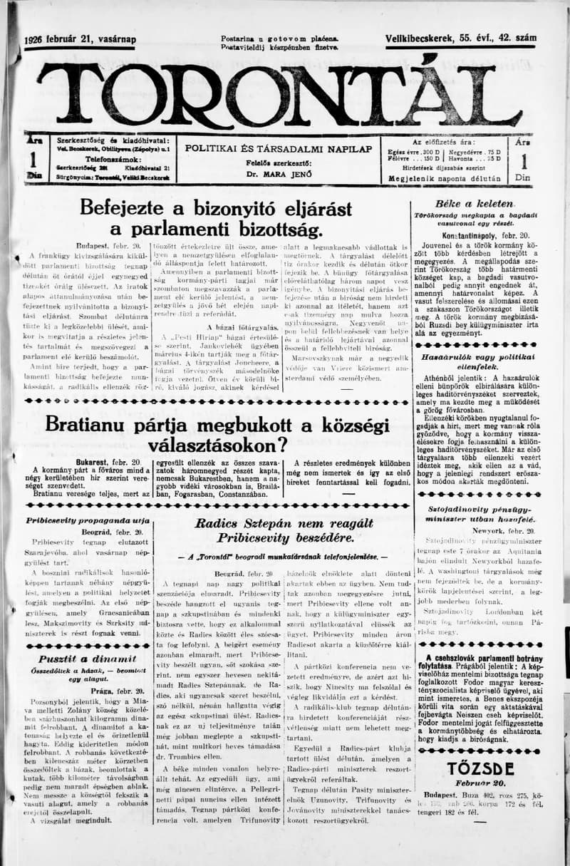 Torontál, 55. évf. 1926. február 21. 42. sz.