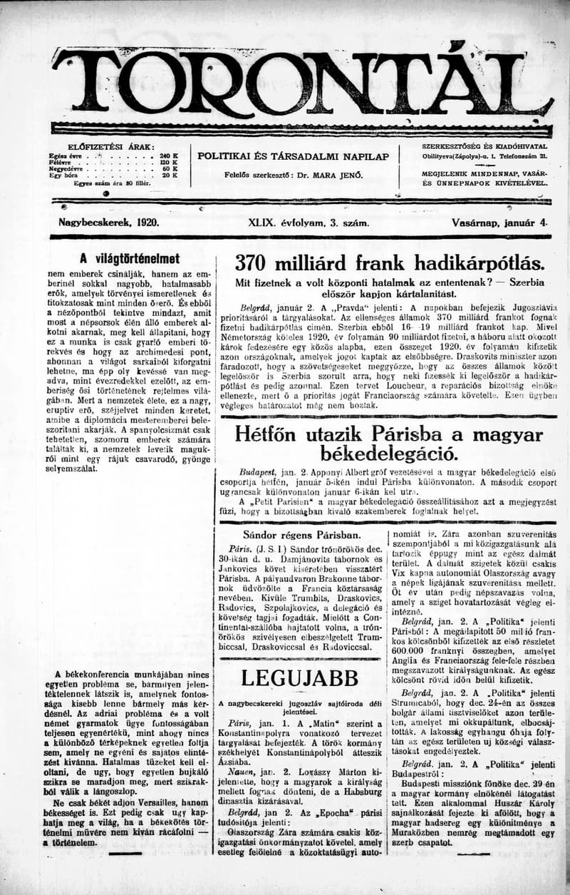Torontál, 49. évf. 1920. január 4. 3. sz.