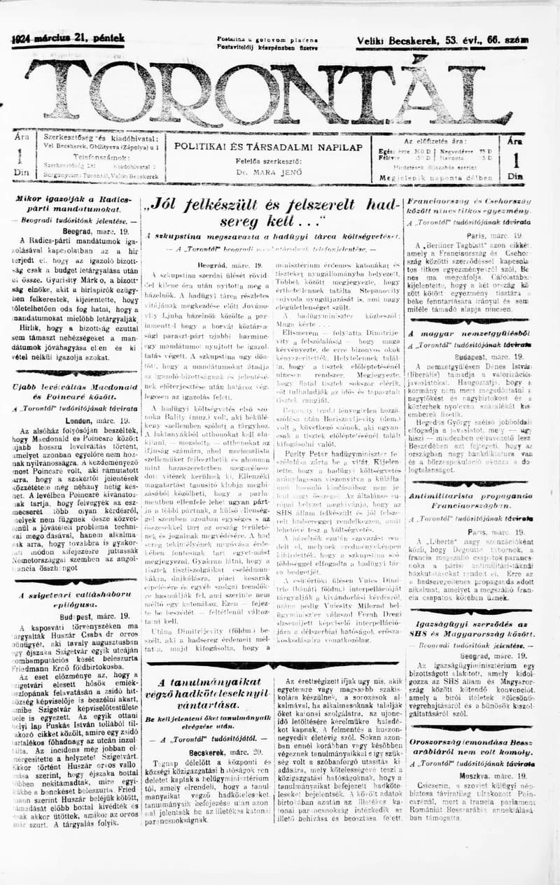 Torontál, 53. évf. 1924. március 21. 66. sz.