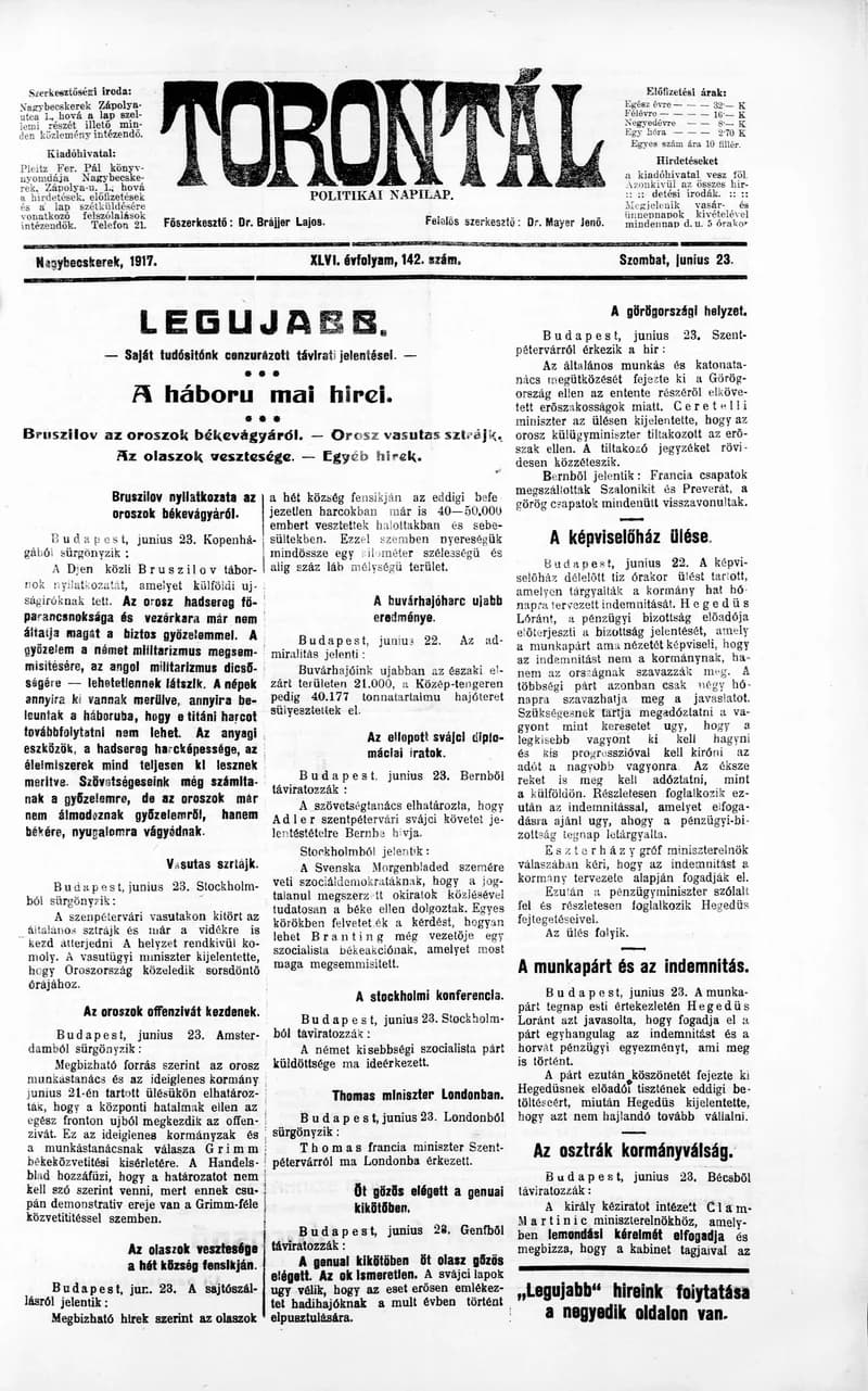 Torontál, 46. évf. 1917. június 23. 142. sz.