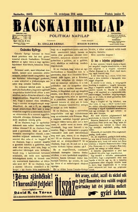 Bácskai Hirlap, 6. évf. 1902. június 6. 104. sz.