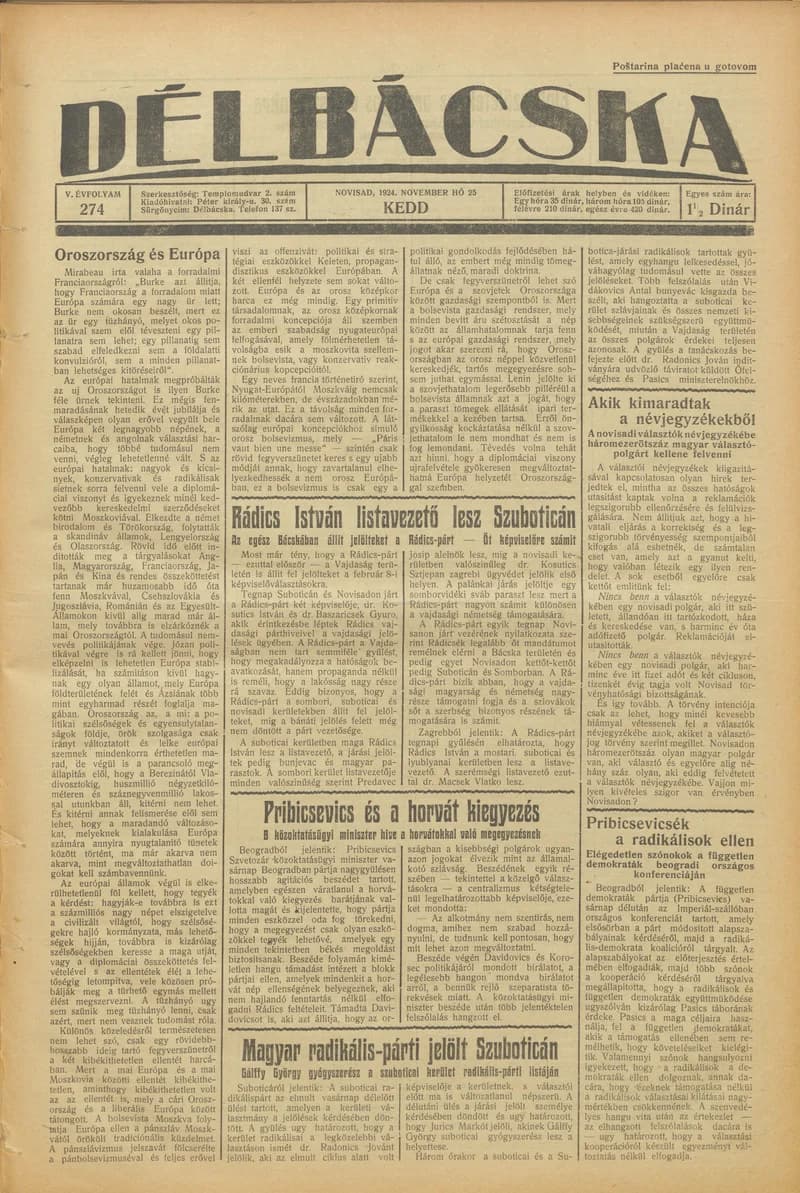 Délbácska, 5. évf. 1924. november 25. 274. sz.