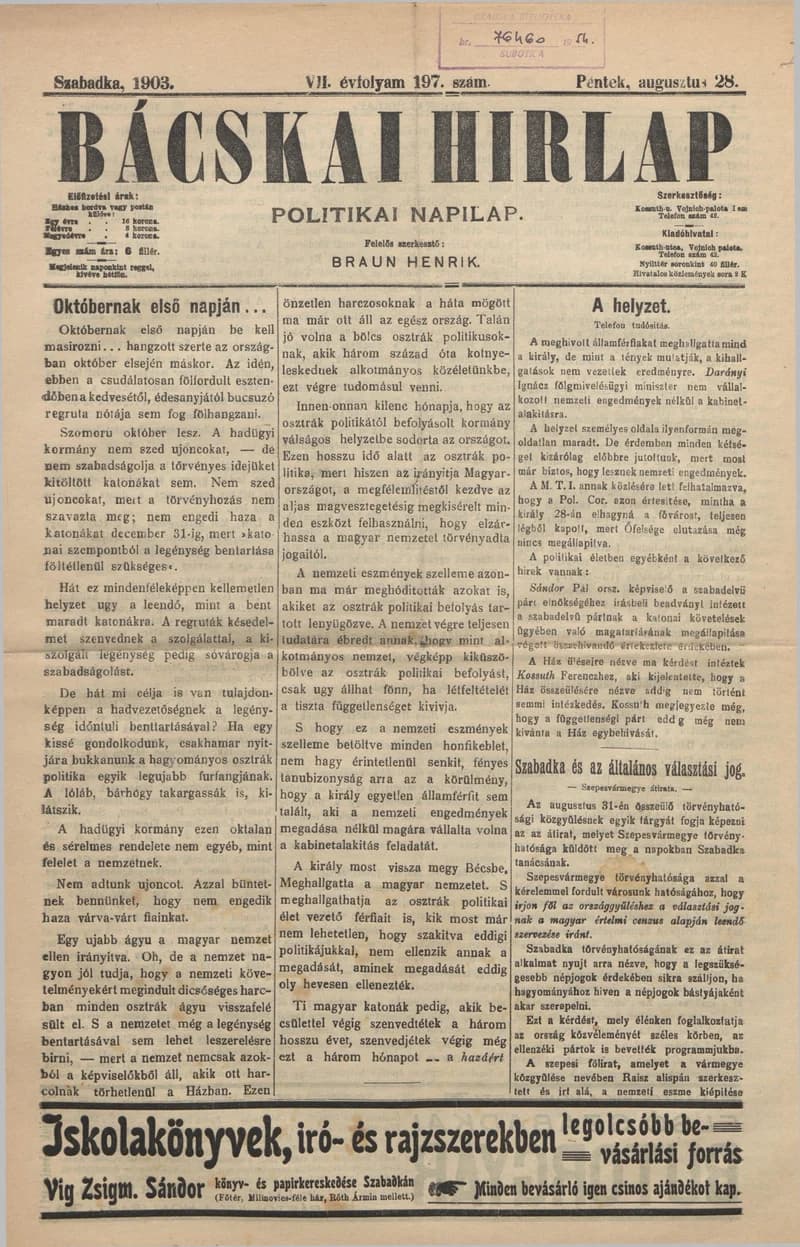 Bácskai Hirlap, 7. évf. 1903. augusztus 28. 197. sz.