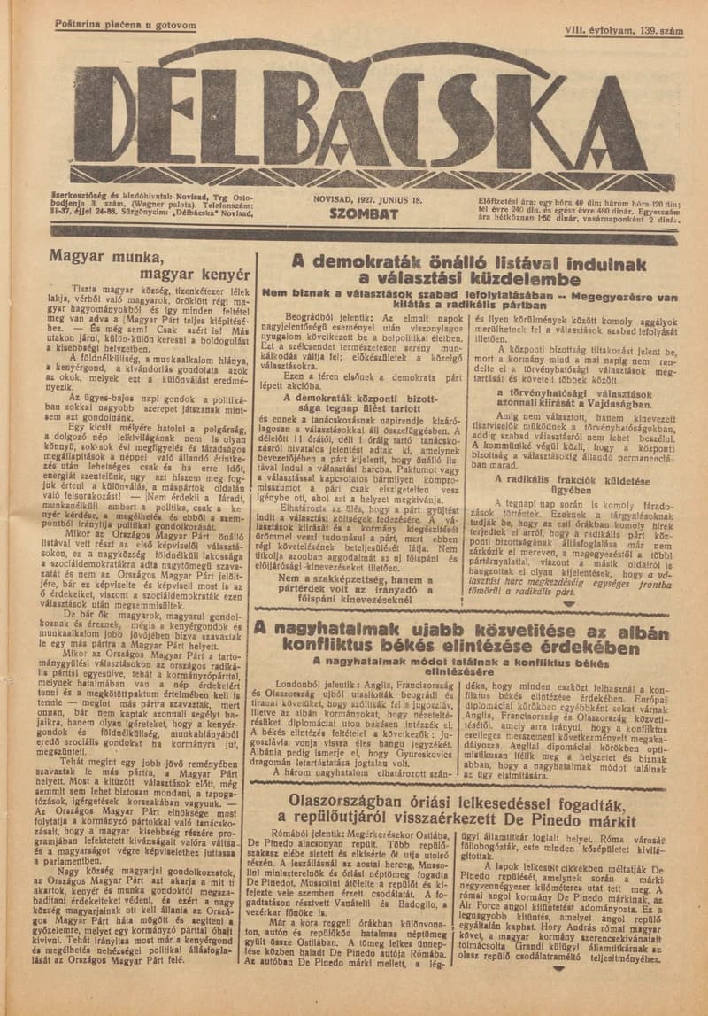Délbácska, 8. évf. 1927. június 18. 139. sz.