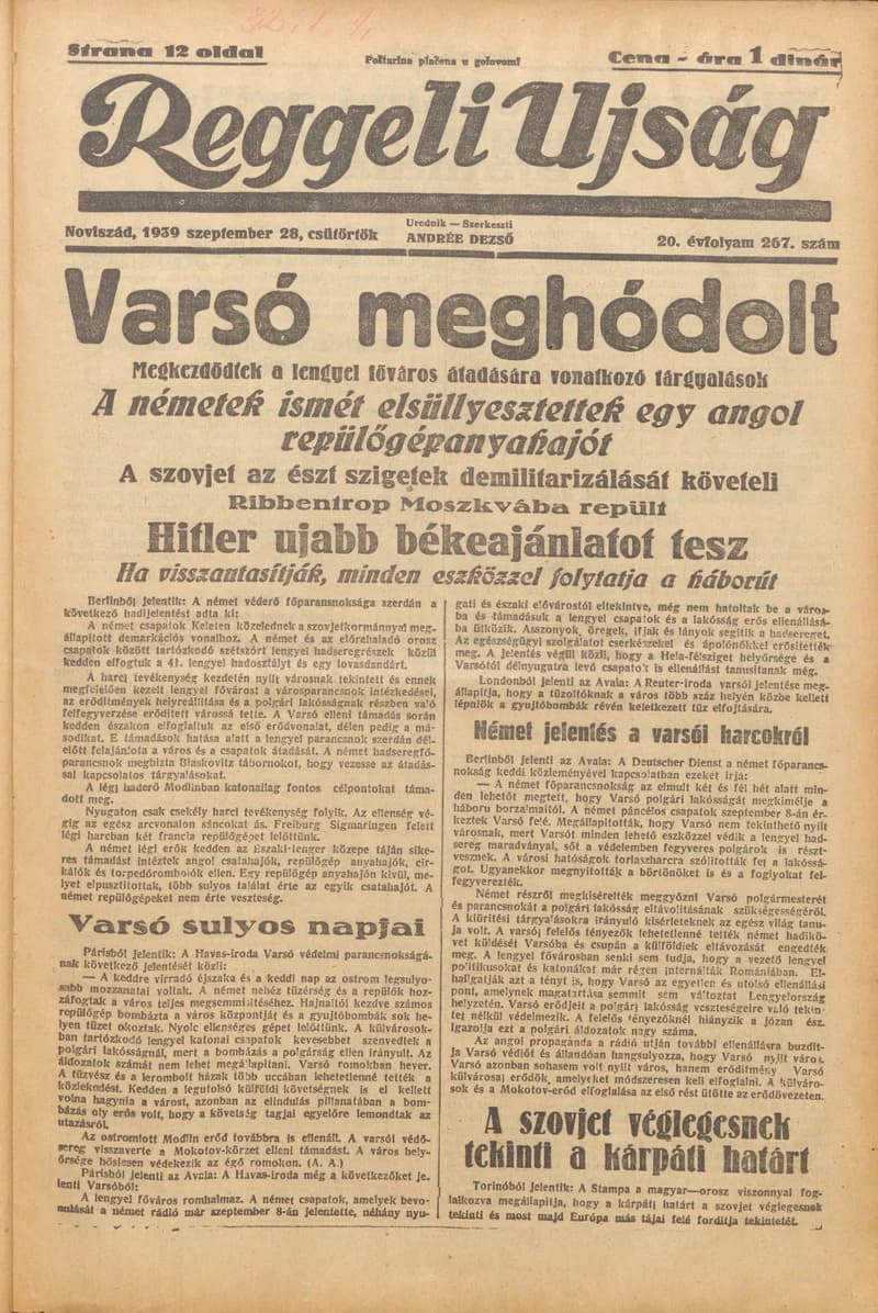 Reggeli Újság, 20. évf. 1939. szeptember 28. 267. sz.
