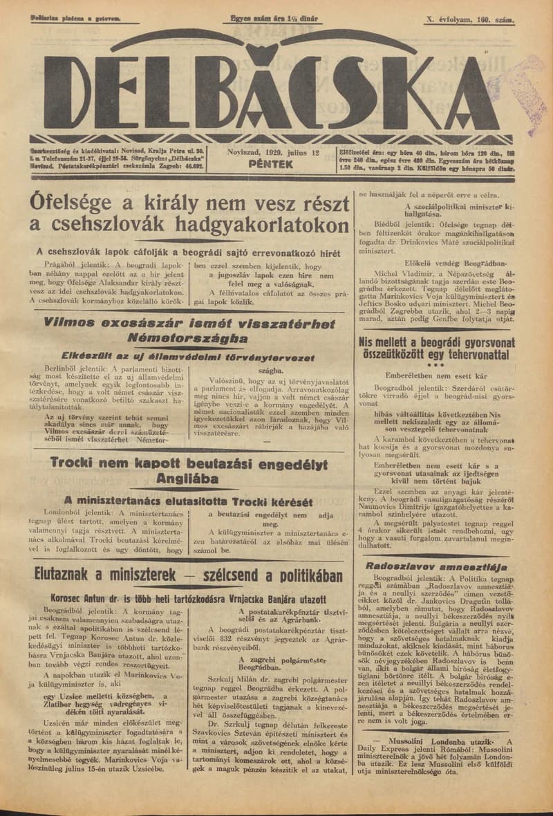 Délbácska, 10. évf. 1929. július 12. 160. sz.