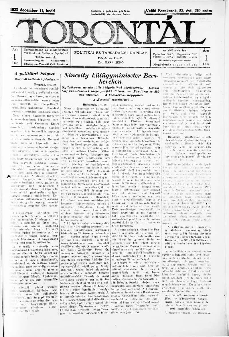 Torontál, 52. évf. 1923. december 11. 279. sz.