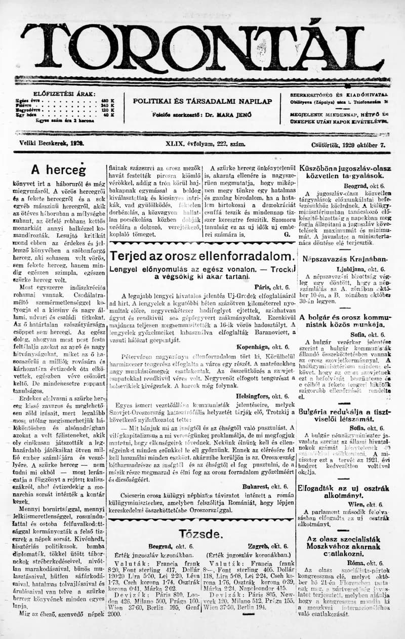 Torontál, 49. évf. 1920. október 7. 222. sz.