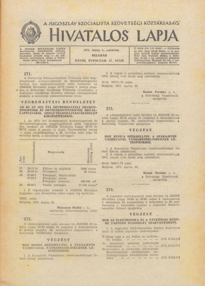A Jugoszláv Szocialista Szövetségi Köztársaság Hivatalos Lapja, 28. évf. 1972. június 1. 27. sz. 541–544. oldal
