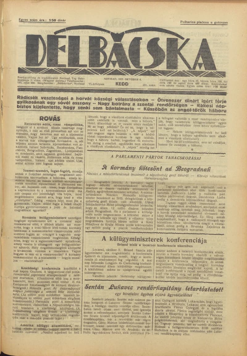 Délbácska, 6. évf. 1925. október 6. 231. sz.