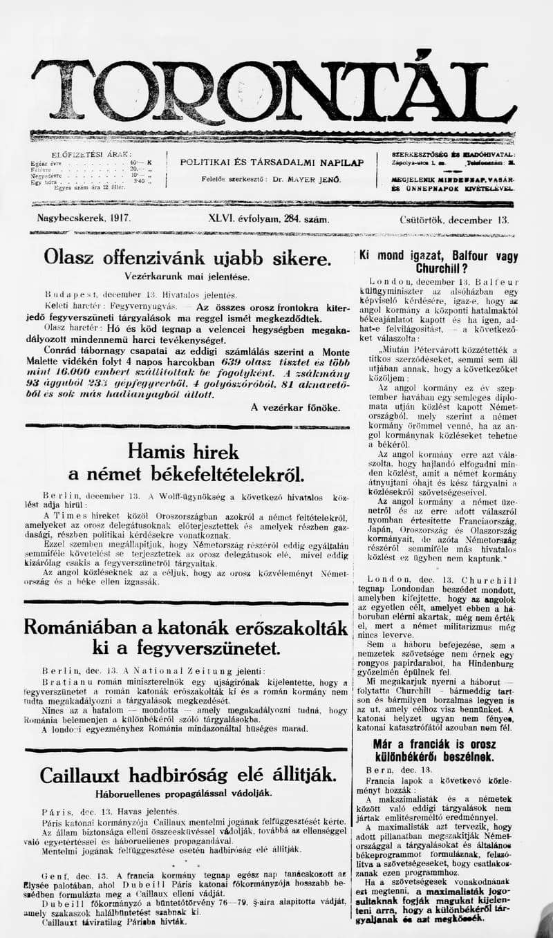 Torontál, 46. évf. 1917. december 13. 284. sz.