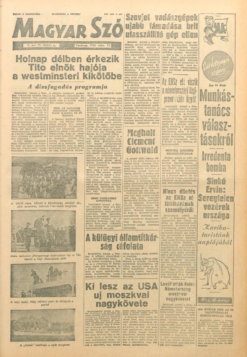 Magyar Szó, 10. évf. 1953. március 15. 73. sz. 1–14. oldal