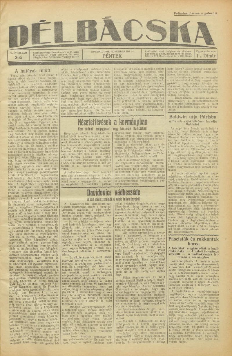 Délbácska, 5. évf. 1924. november 14. 265. sz.
