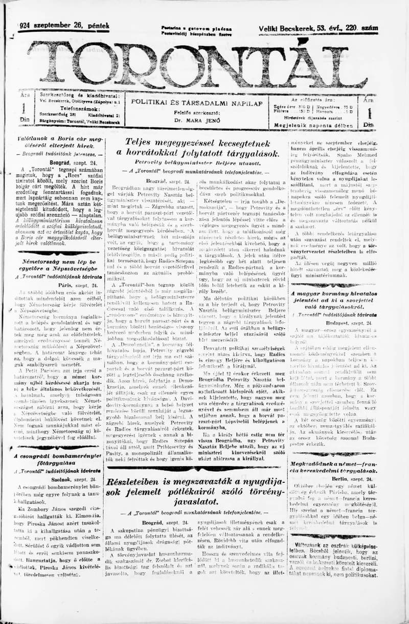 Torontál, 53. évf. 1924. szeptember 26. 220. sz.