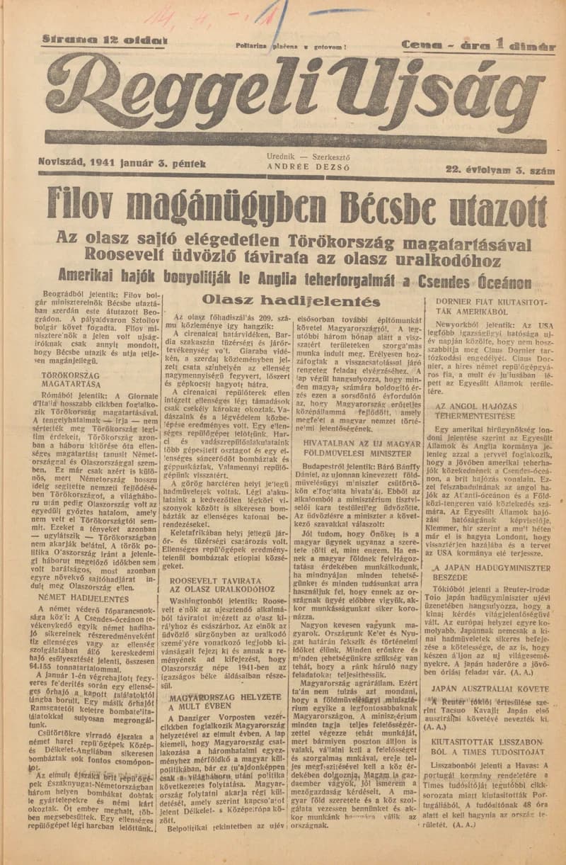 Reggeli Újság, 22. évf. 1941. január 3. 3. sz.