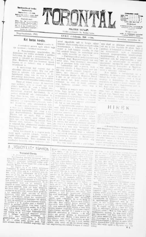 Torontál, 32. évf. 1903. november 14. 260. sz.