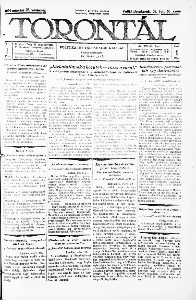 Torontál, 53. évf. 1924. március 23. 68. sz.