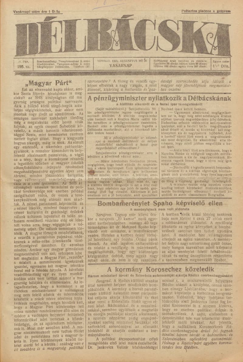 Délbácska, 4. évf. 1923. augusztus 26. 195. sz.