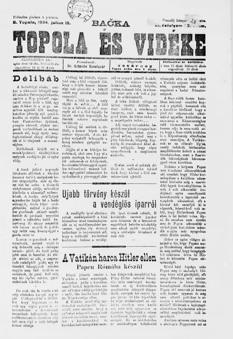 Bačka Topola és Vidéke, 11. évf. 1934. július 15. 28. sz.