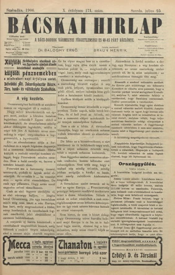 Bácskai Hirlap, 10. évf. 1906. július 25. 171. sz.