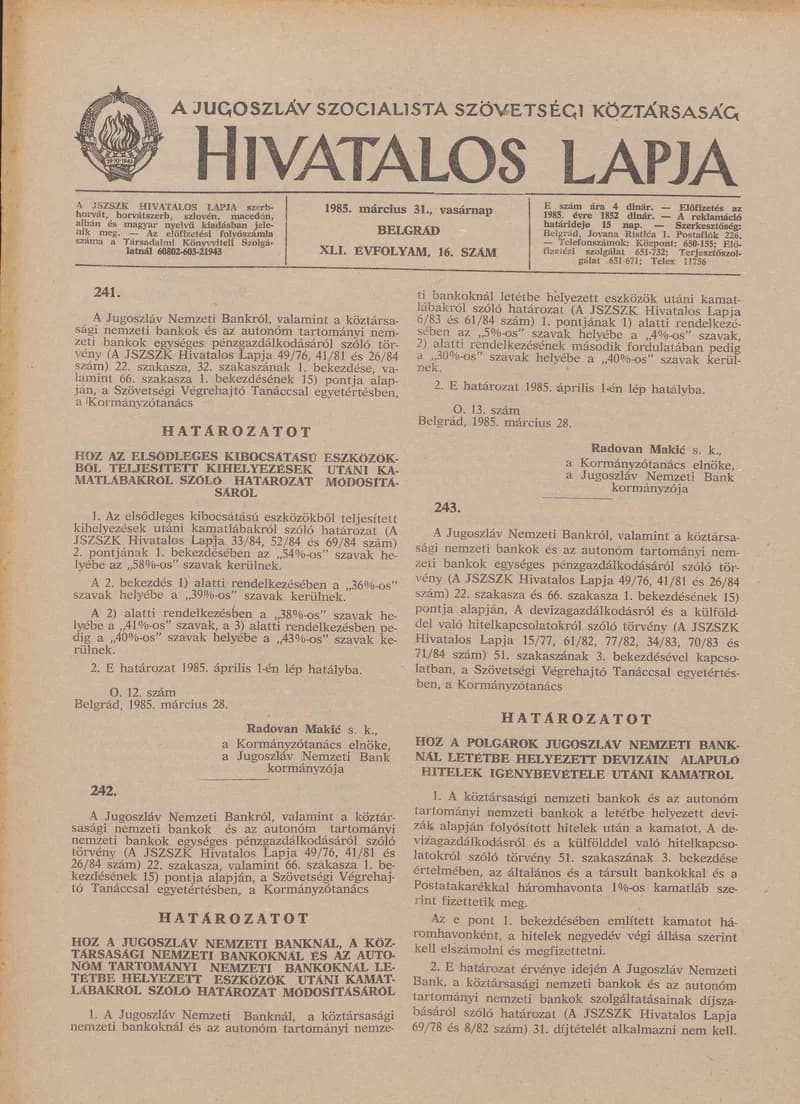 A Jugoszláv Szocialista Szövetségi Köztársaság Hivatalos Lapja, 41. évf. 1985. március 31. 16. sz. 657–660. oldal