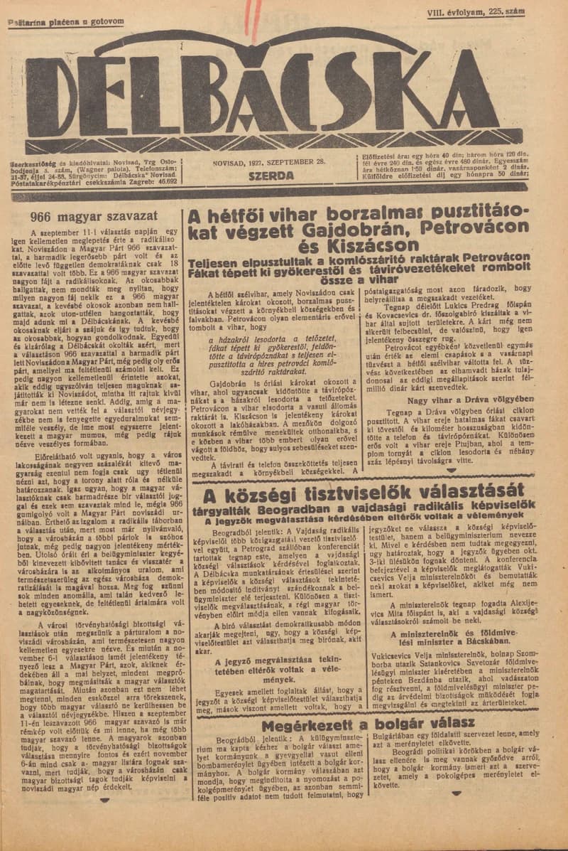 Délbácska, 8. évf. 1927. szeptember 28. 225. sz.