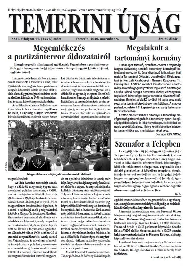 Temerini Újság, 26. évf. 2020. november 5. 44. sz.