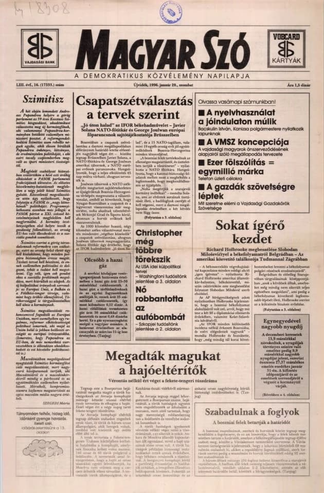 Magyar Szó, 53. évf. 1996. január 20. 16. sz. 1–16. oldal