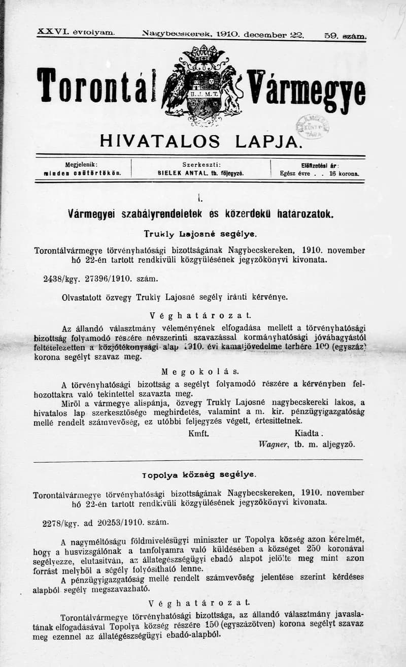 Torontál Vármegye Hivatalos Lapja, 26. évf. 1910. december 22. 59. sz.